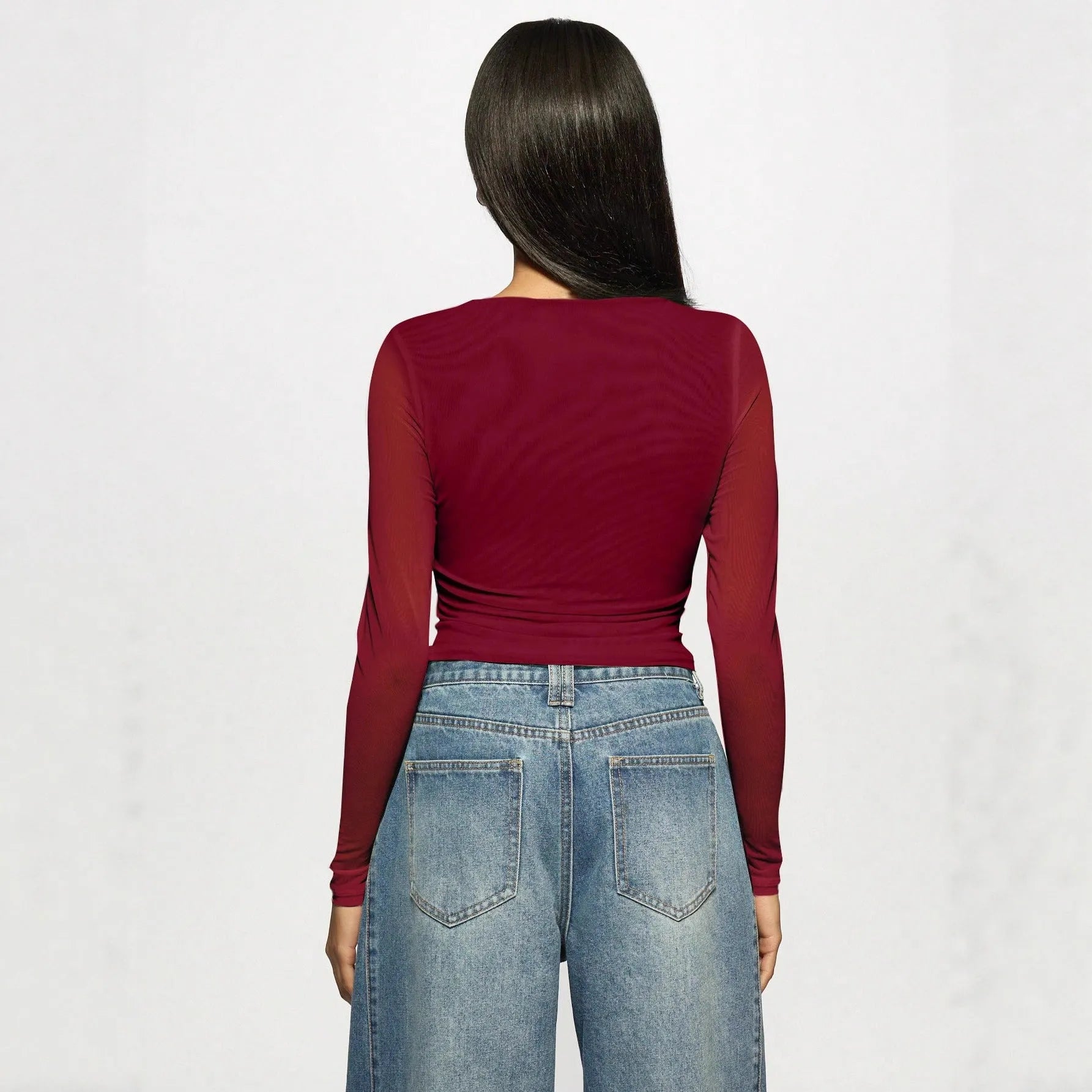 Women's long sleeve double-layer mesh top with rhinestone detailing in wine red, front view