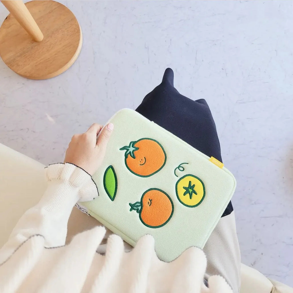 Tomato-coloured cotton cloth tablet inner bag with embroidered tomato design, for 11 inch and 15 to 15.6 inch devices