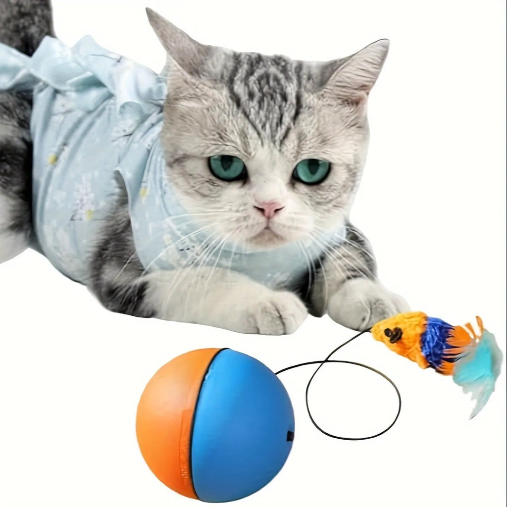 Grey and orange interactive cat toy ball with attached plush mouse and feather tail.