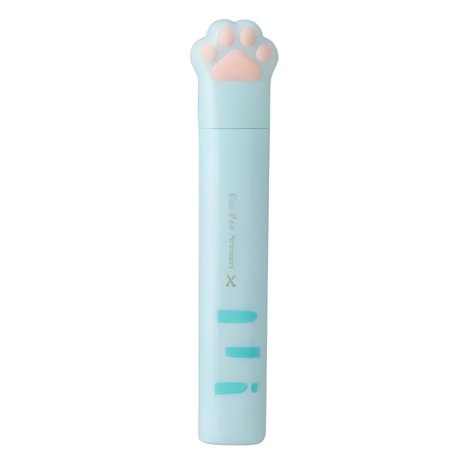 A folded cat paw design scissors in blue, showing compact size and pen-type mechanism.