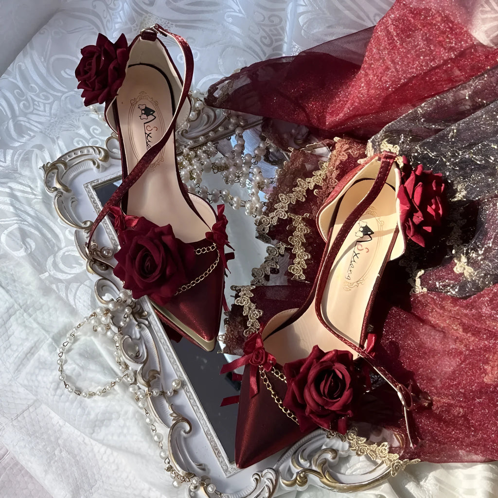 Ceremony Rose Chronicle pointed satin high-heeled wedding shoes in black and red, square toe, 5cm and 8cm heel options