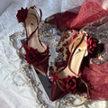 Ceremony Rose Chronicle pointed satin high-heeled wedding shoes in black and red, square toe, 5cm and 8cm heel options
