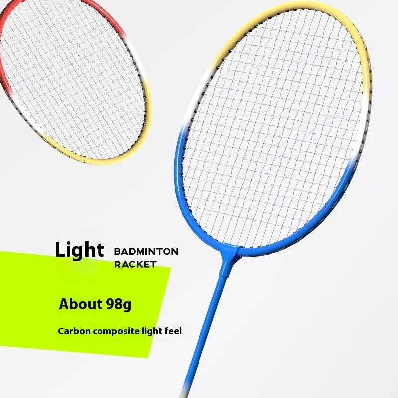 A pair of blue and red ultra-light alloy badminton rackets with a split-frame design.
