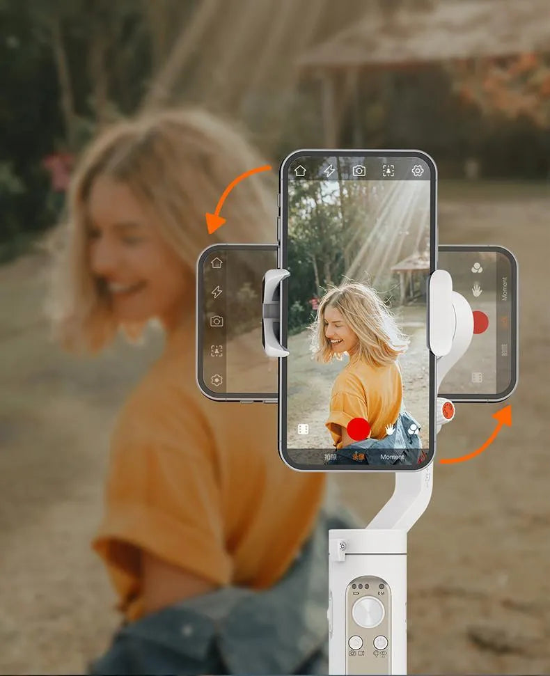 Black and white 3-axis mobile phone stabiliser shown folded to 179mm size with USB charging port