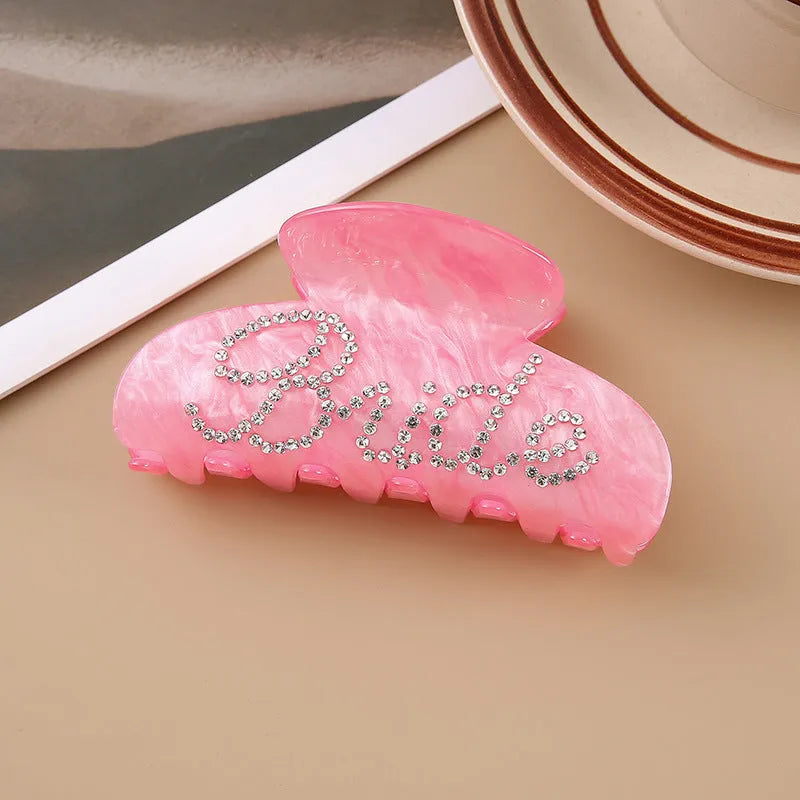 10cm pink acrylic hair barrette with shark clip back and multi-diamond spot drill pattern