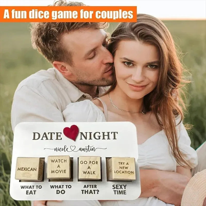 Wooden date night dice game set with five natural wood dice and planner board for couples
