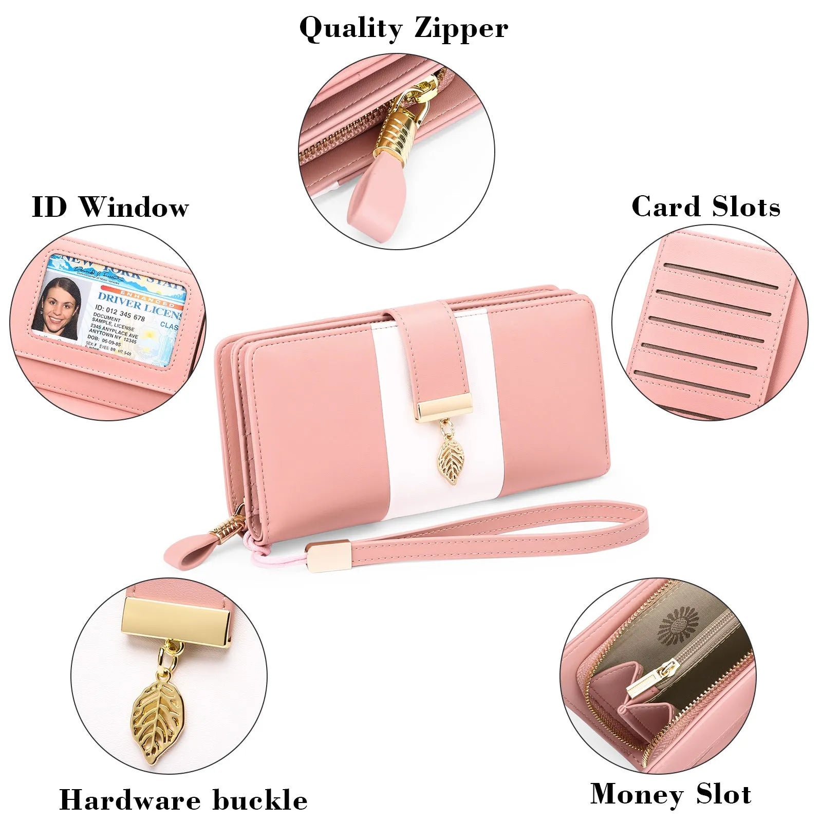 Midnight black PU leather anti-theft clutch bag with a silver lock on the zip, shown open to reveal RFID-blocking card slots.
