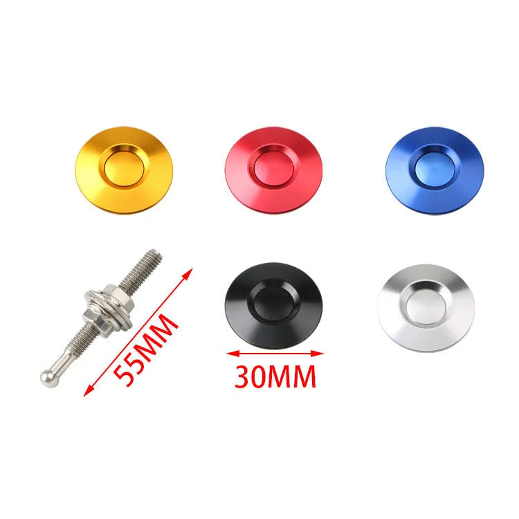 30mm diameter aluminium alloy engine cover lock in silver, black, gold, blue, and red colours next to a 55mm screw.