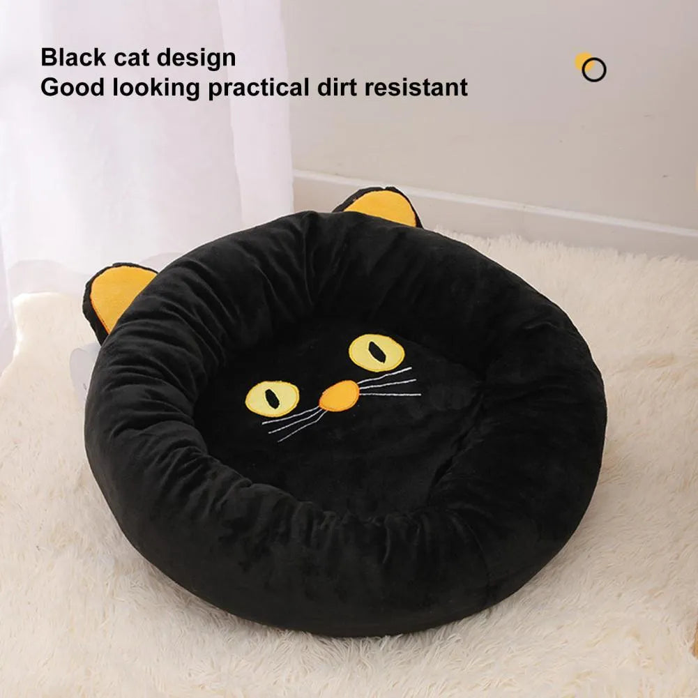Black cat-shaped velvet pet nest bed with raised edges, shown in small and medium sizes.