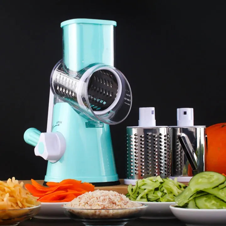 Round manual mandoline vegetable slicer with stainless steel blades in blue green red colour options