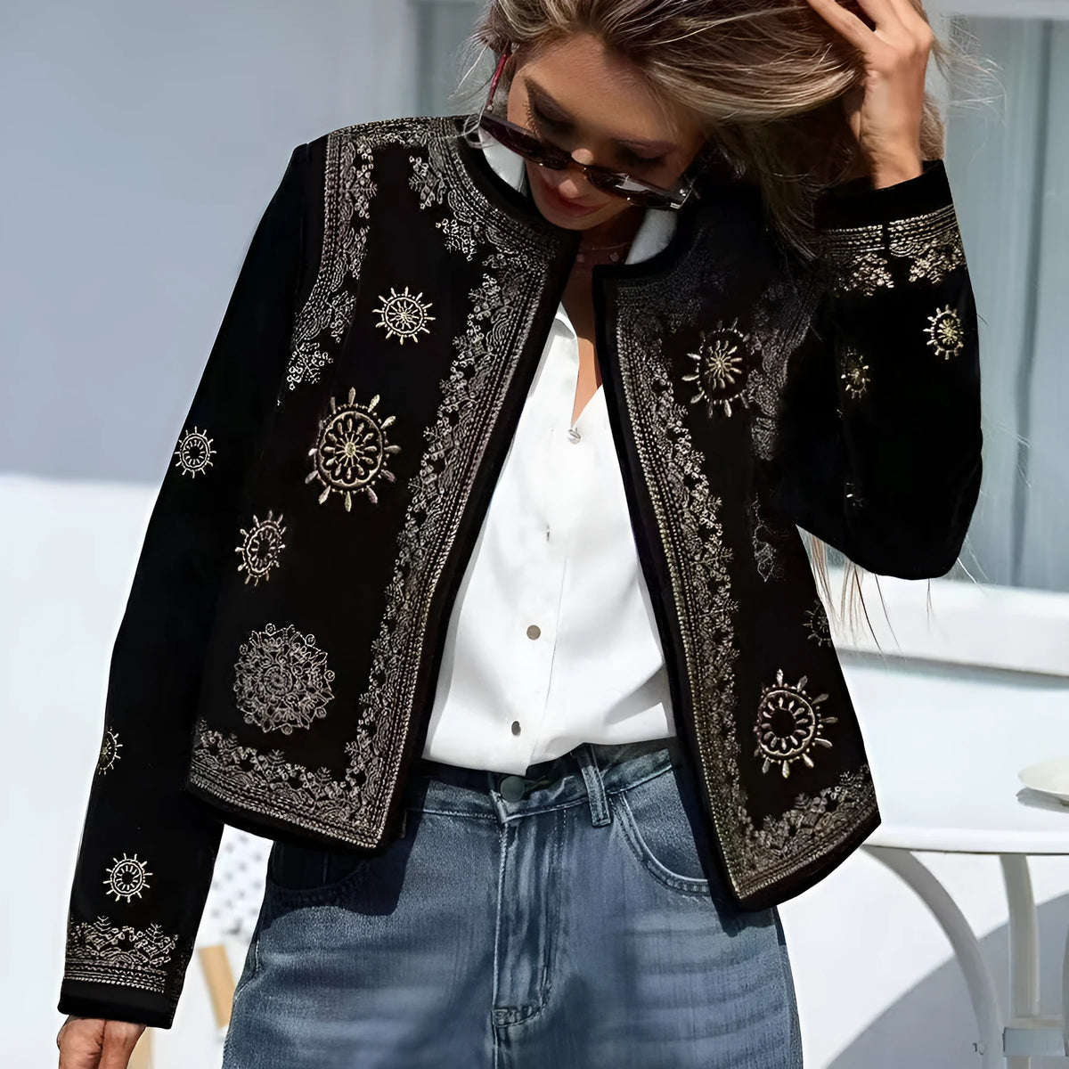 Women's casual printed hooded coat long sleeve round neck British style in milk silk polyester blend
