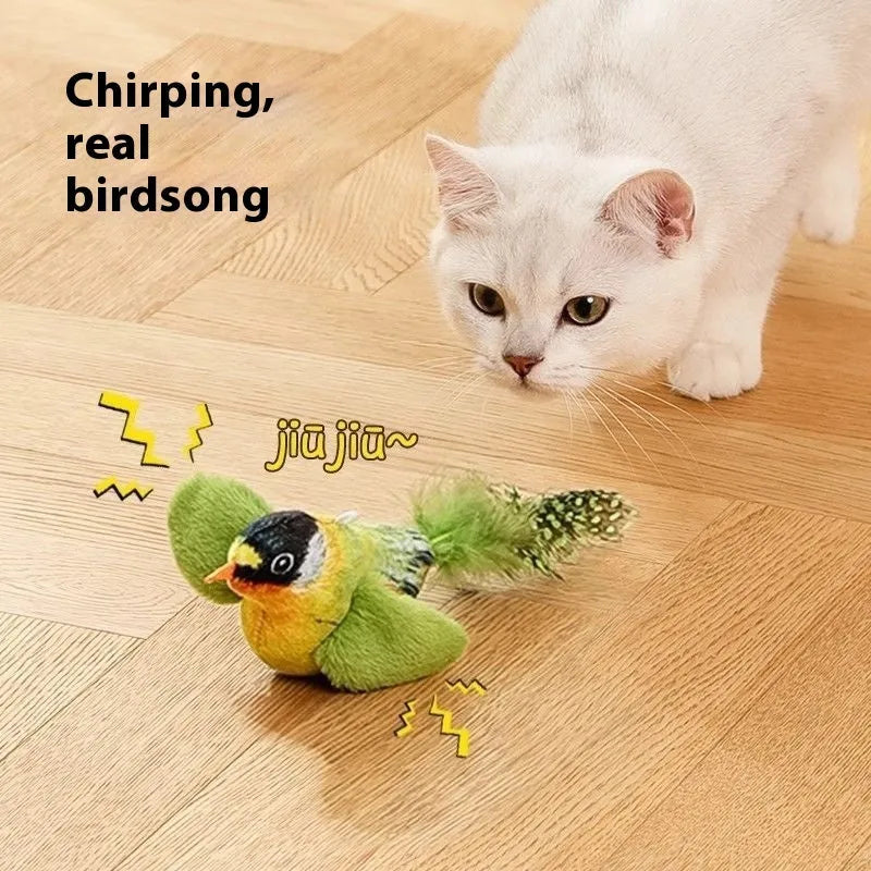 Cat toy simulation bird hanging door teaser plush bird in green white eyebrows colour