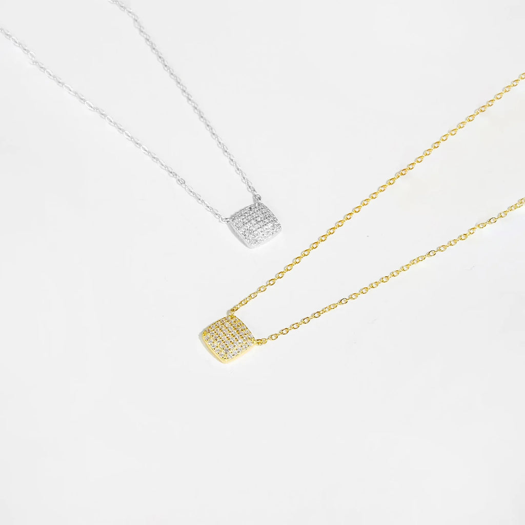 S925 sterling silver square stone full pave pendant necklace on regular chain with platinum or gold finish