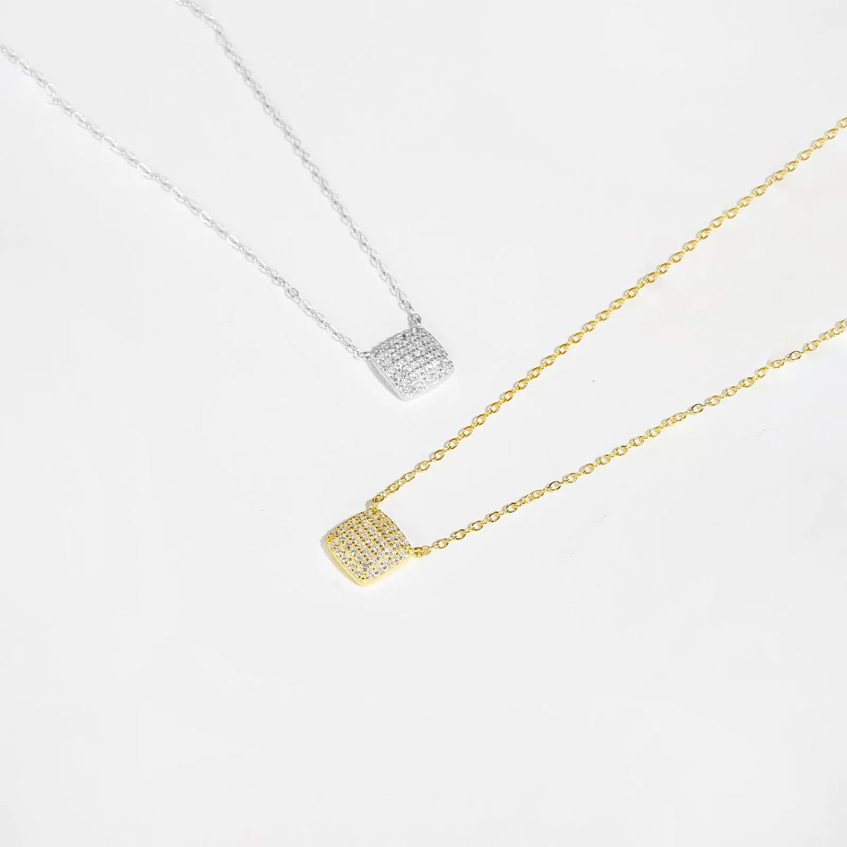 S925 sterling silver square stone full pave pendant necklace on regular chain with platinum or gold finish