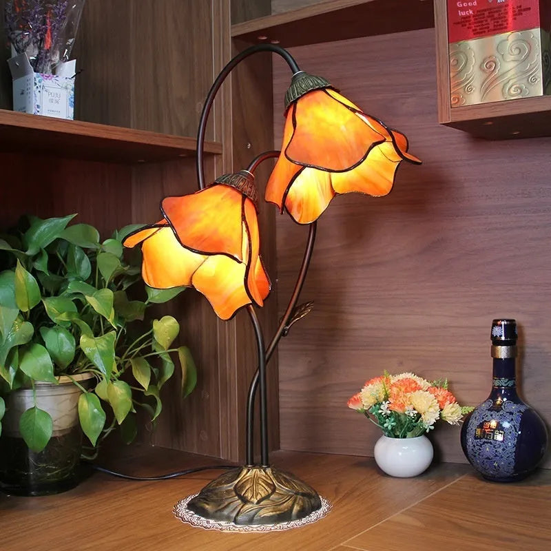 American classical retro style glass table lamp with ornate lotus shade, shown in a beige double head configuration.