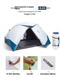 Quick-open blue and white camping tent for two people with FRP poles and polyester base