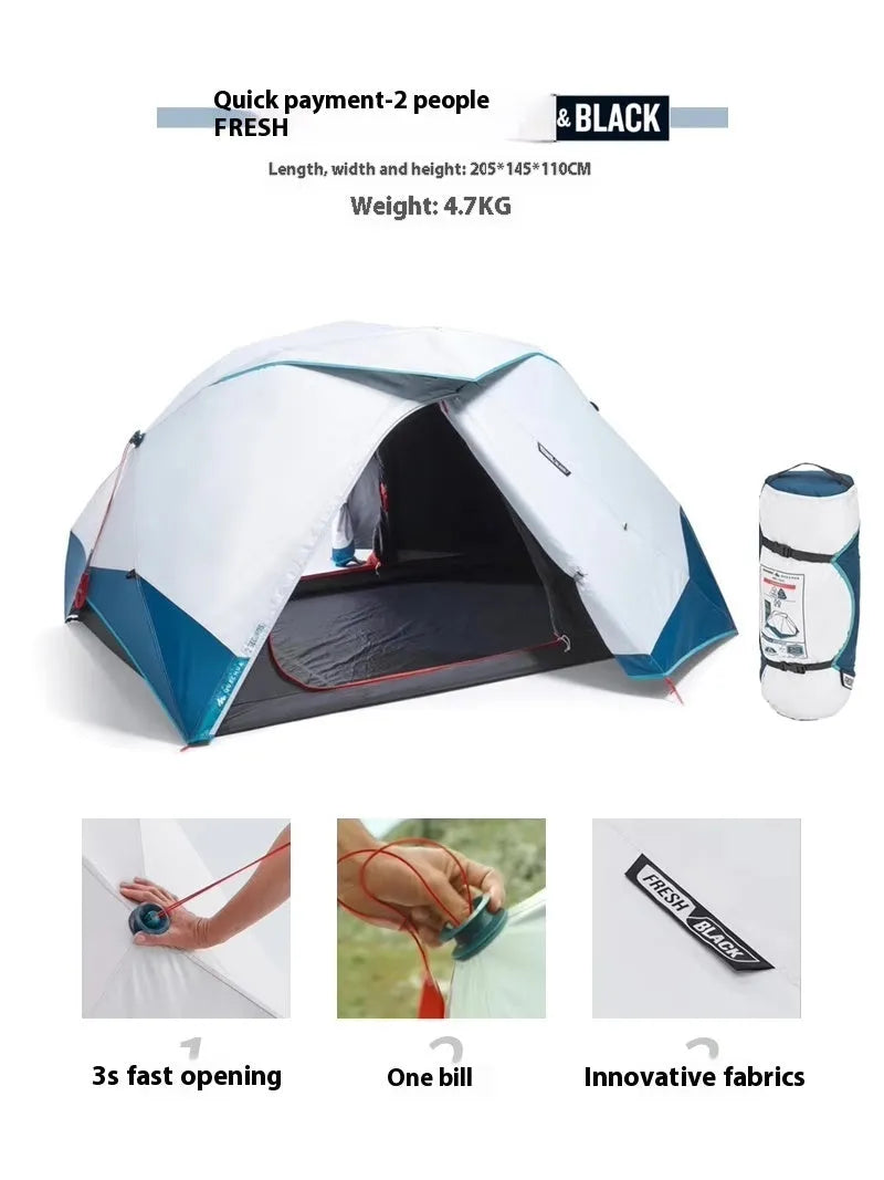 Quick-open blue and white camping tent for two people with FRP poles and polyester base