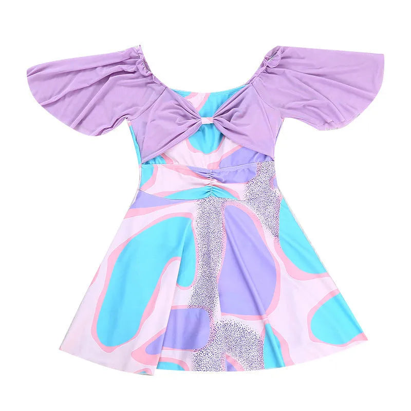 Women's light purple floral high-waist one-piece swimsuit with a central bowknot detail.