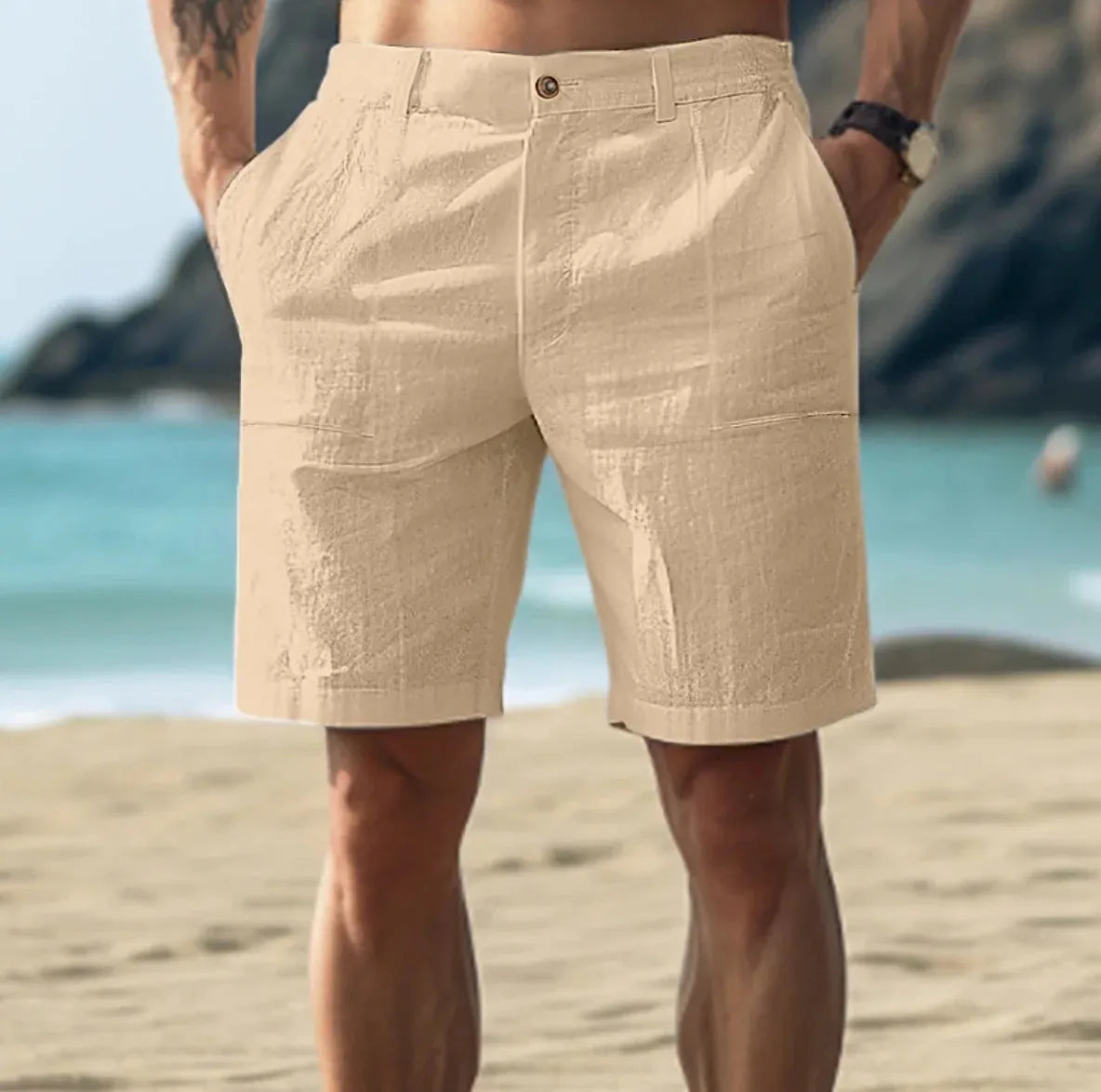 Men's cotton linen casual five-point shorts in solid colour, mid waist with button fly, five sizes available