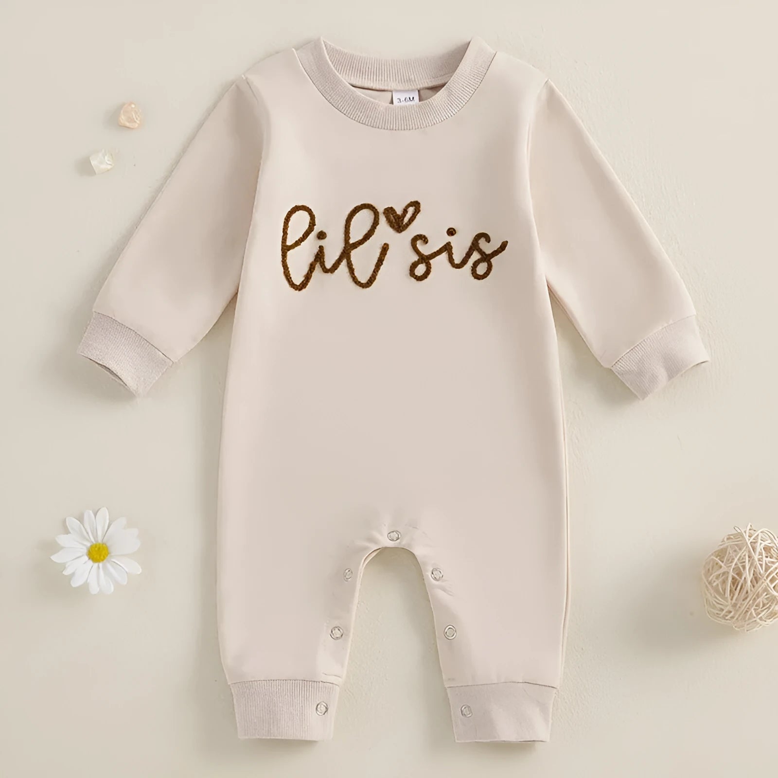 Apricot cotton baby jumpsuit with long sleeves and hide hooks closure for girls 0-18 months