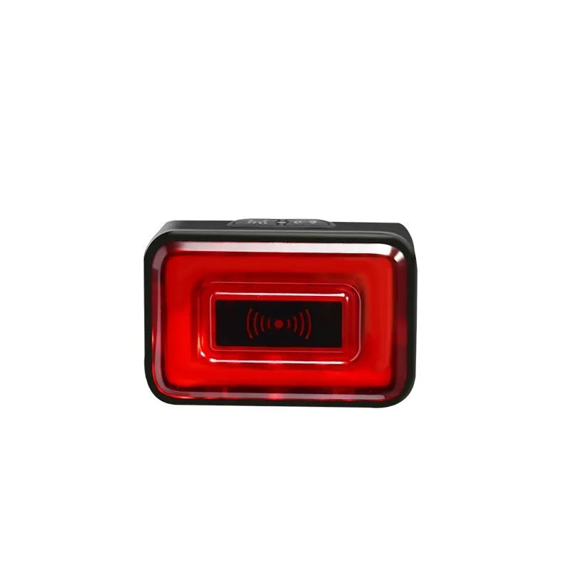 Compact black radar bicycle taillight with dual brackets and a TYPE-C charging port on a bike seat post.