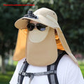 Men's khaki sun protection hat with USB fan and attached face covering shawl for neck protection.