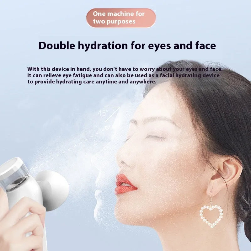 White portable rechargeable eye mask device for hot compress and atomisation, shown with USB cable.