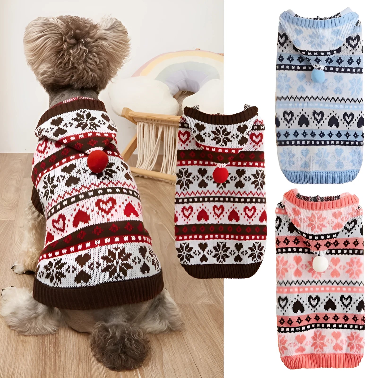 Striped camouflage dog sweater with snowflake patterns in pink, blue, grey colours for small breeds