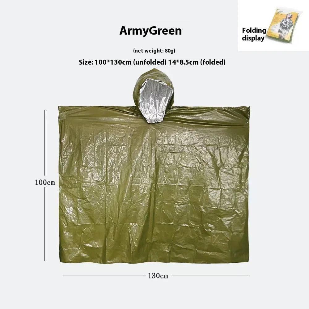 Orange and army green adult waterproof raincoat for marathon and outdoor use, shown laid flat.