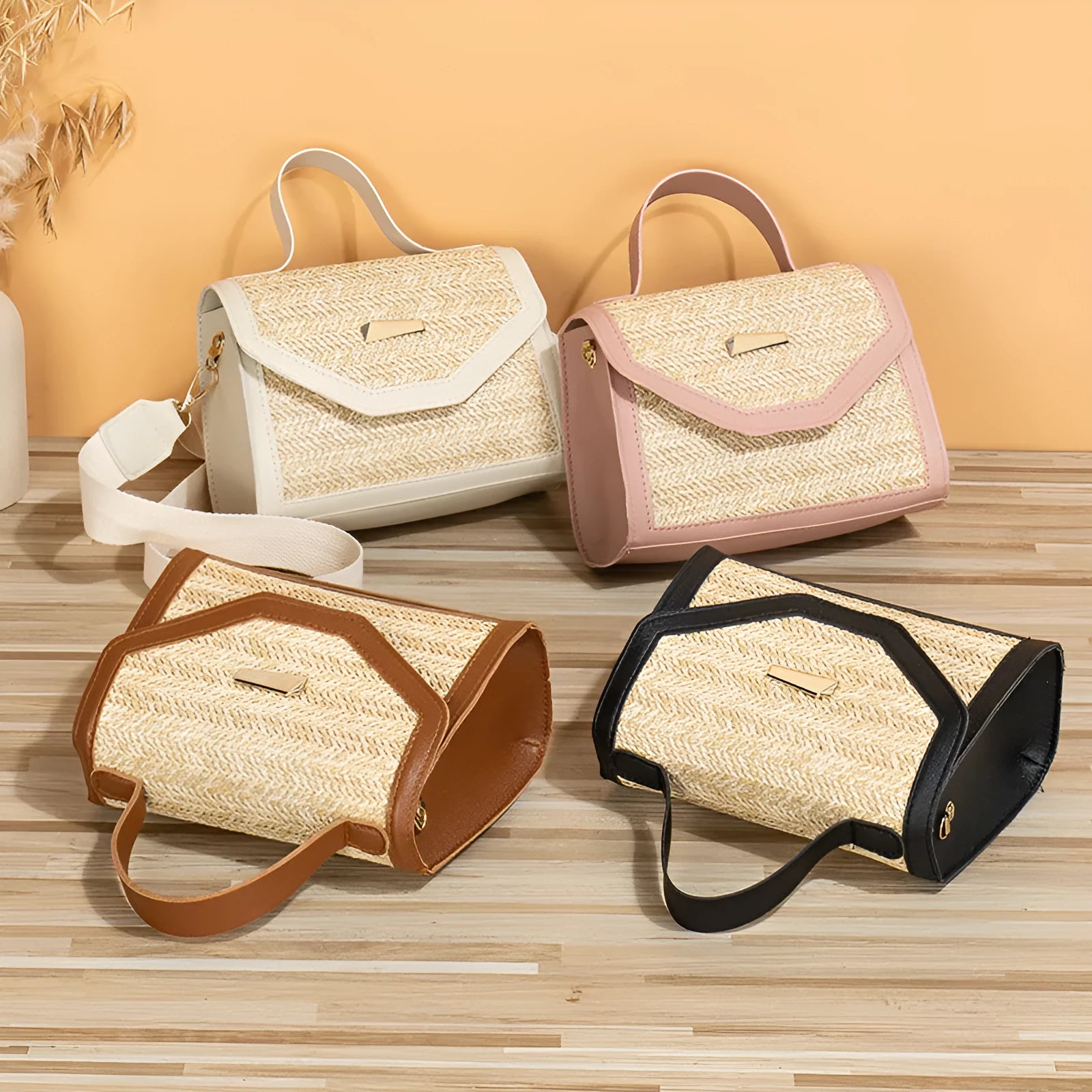 Simple woven sequin decorative crossbody small square bag in straw, four colour options: white, pink, black, dark brown.