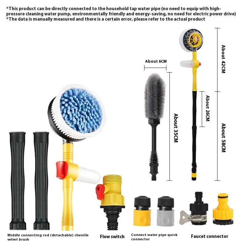 Yellow car wash mop cleaning tool with chenille brush head and water pipe connection