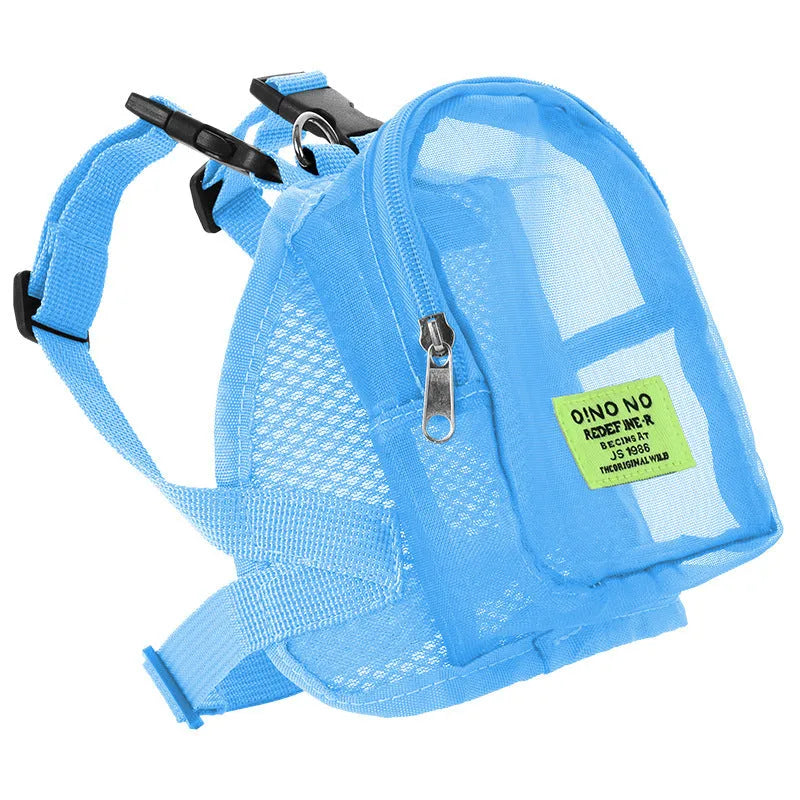 Breathable polyester dog backpack in blue with simple storage compartment for pet travel and walking