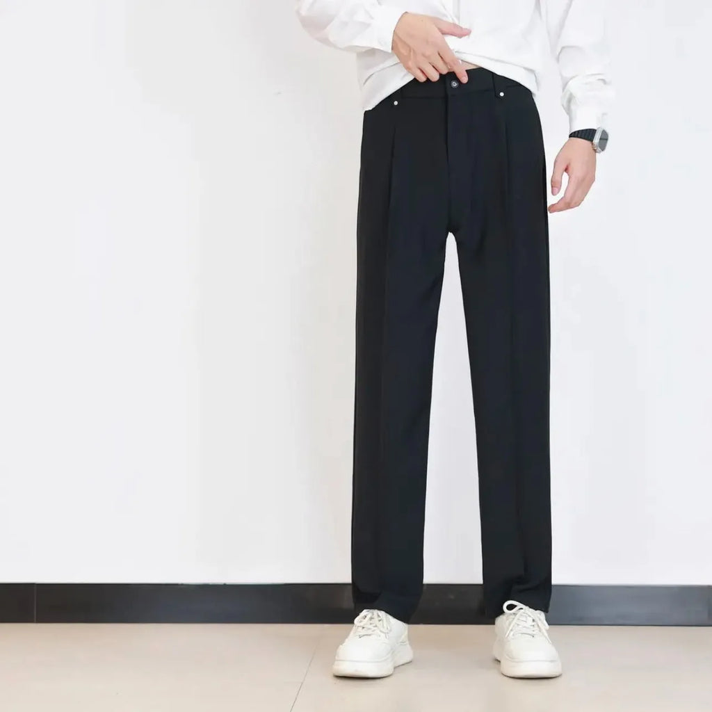 Men's solid colour straight leg trousers in khaki, button fly, mid-waist, polyester blend fabric on a white background