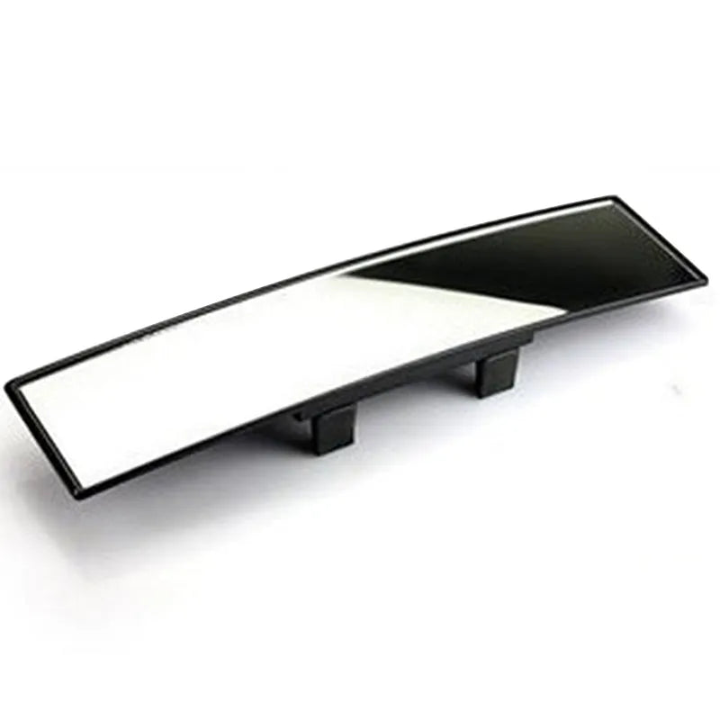 Black interior rearview mirror with double curvature glass, 300mm by 70mm, mounted on car windscreen