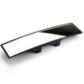 Black interior rearview mirror with double curvature glass, 300mm by 70mm, mounted on car windscreen