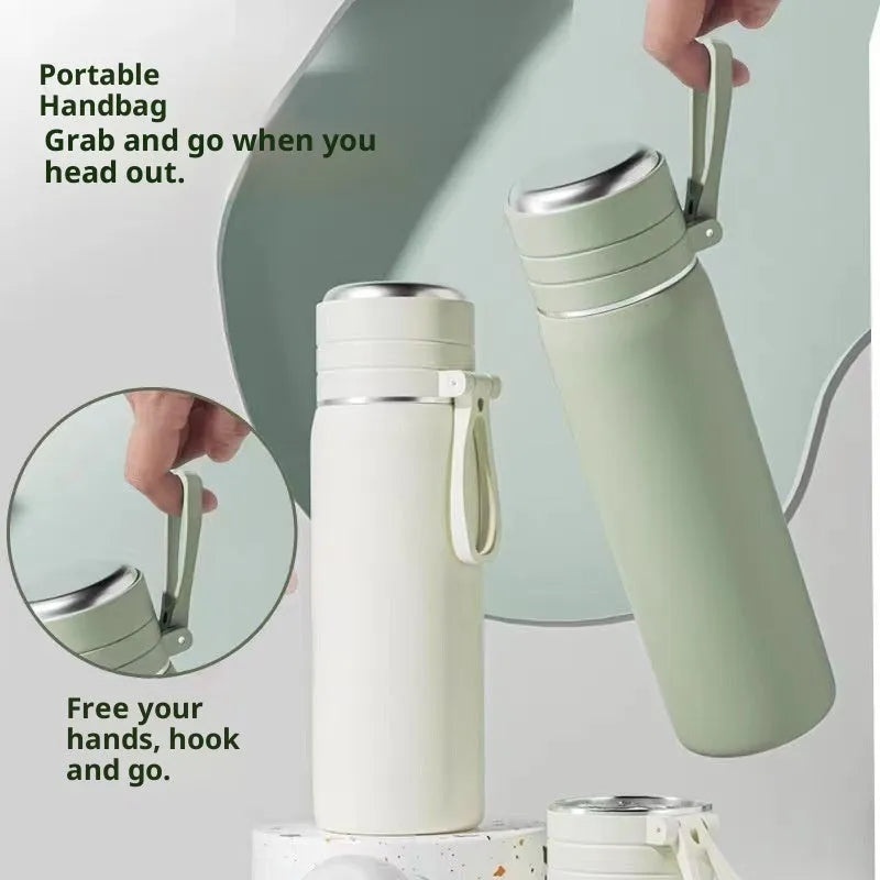 316 stainless steel insulated thermos cup with tea and water separation, in army green, 500ml capacity, on a white background