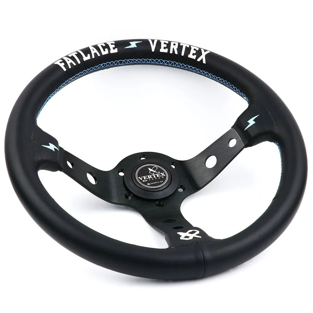 Black alloy racing steering wheel with deep concave rim and star embroidery pattern.