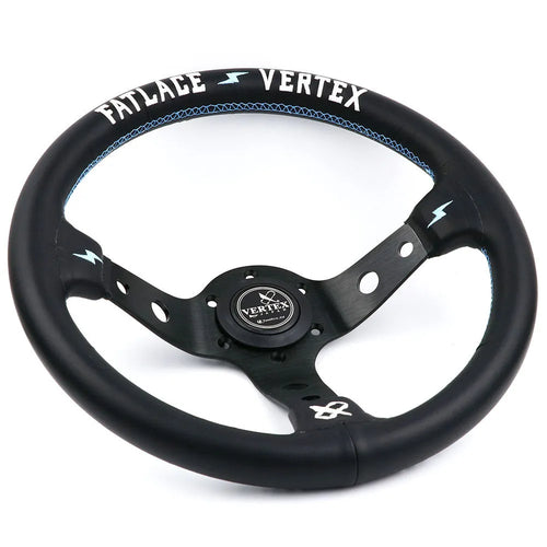 Black alloy racing steering wheel with deep concave rim and star embroidery pattern.