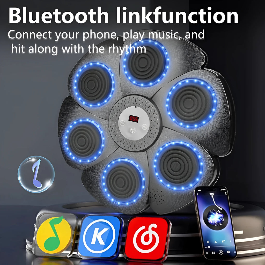 Black smart boxing wall target with LED lights and half-finger gloves on a wall for indoor training.