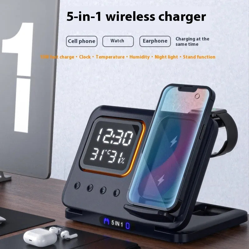 Black and white wireless charging dock station with digital clock display charging a phone, watch and headphones