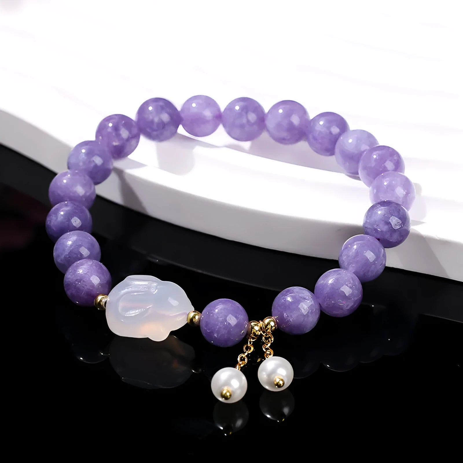 Purple aquamarine and agate stone bracelet with a geometric rabbit charm for women.