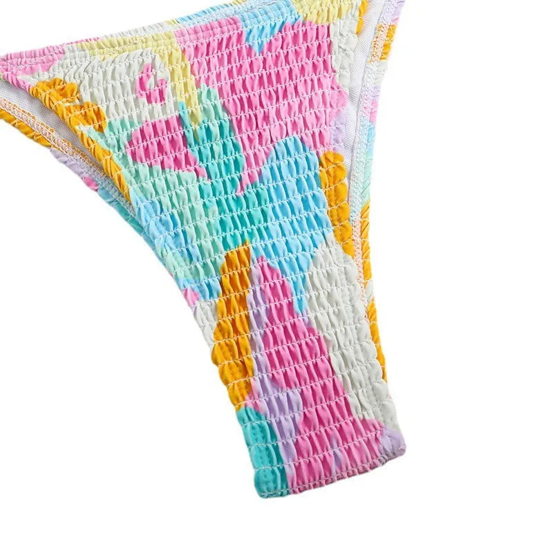Women's multicolour floral printed triangle bikini with smocking detail and brief bottoms