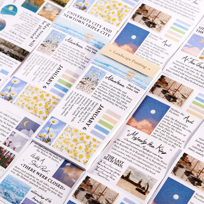 Twenty paper stickers with landscape painting designs measuring 60mm by 120mm