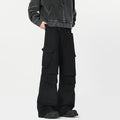 Men's beige straight-leg casual trousers with a high waist and button-fly front on a neutral background.