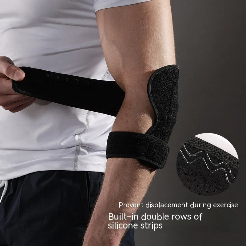 A black adjustable sports elbow guard shown on an arm, suitable for training and multiple sports.