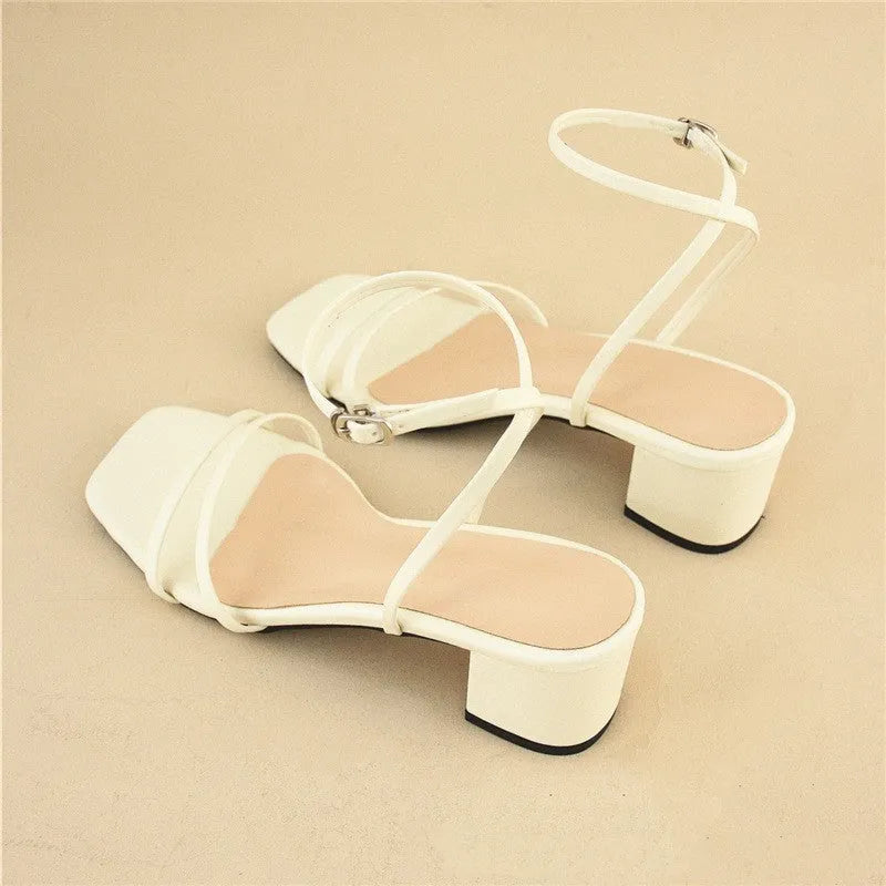 Beige women's square toe sandals with chunky stiletto heel and ankle buckle