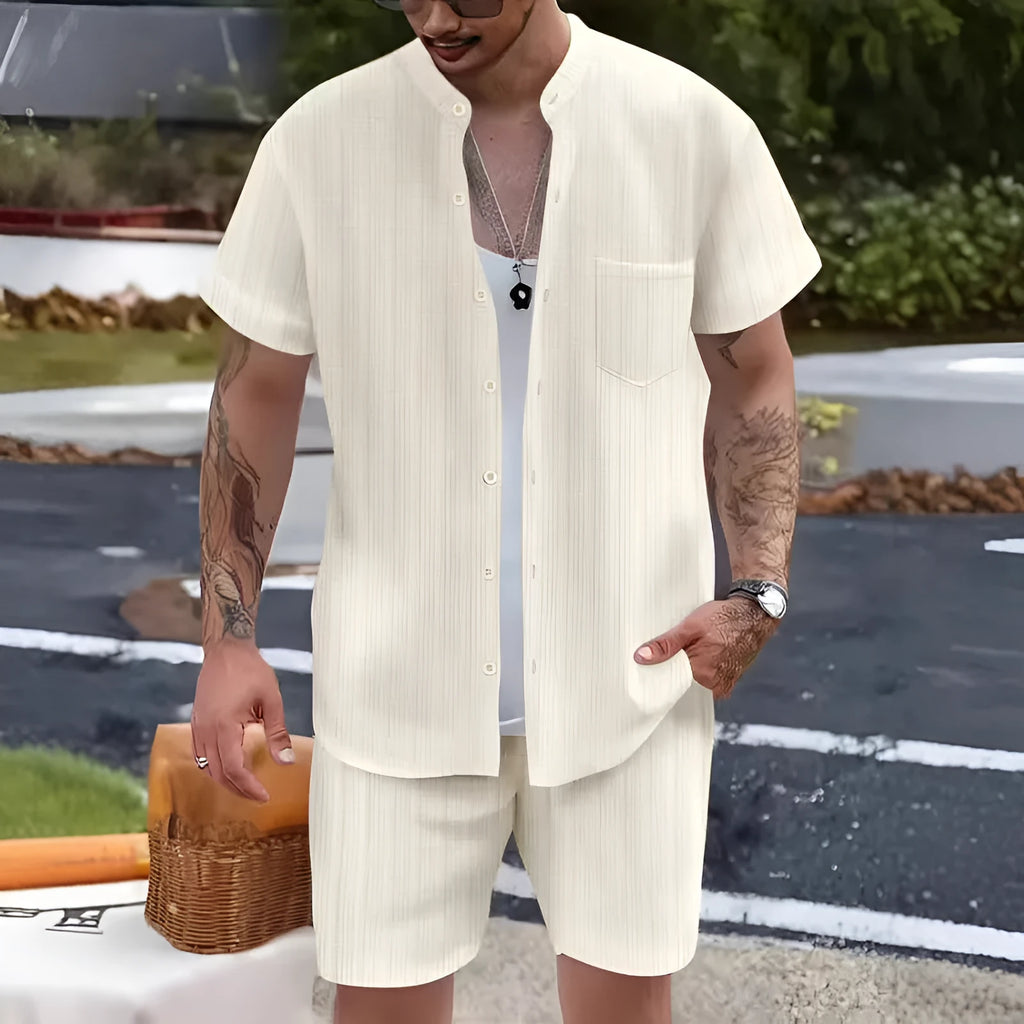 Men's casual henley collar short sleeve shirt and shorts set in polyester, available in multiple colours