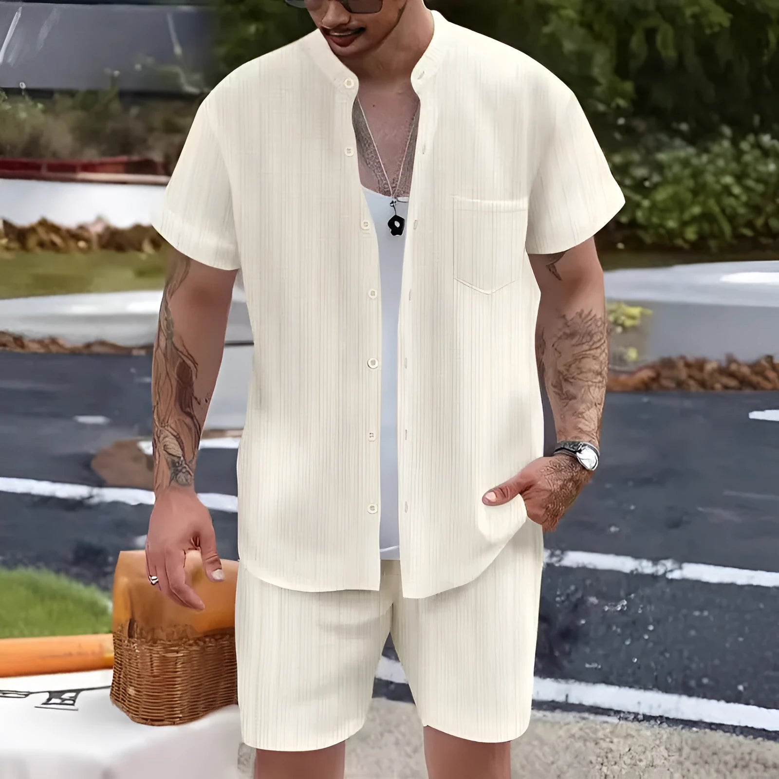 Men's casual henley collar short sleeve shirt and shorts set in polyester, available in multiple colours