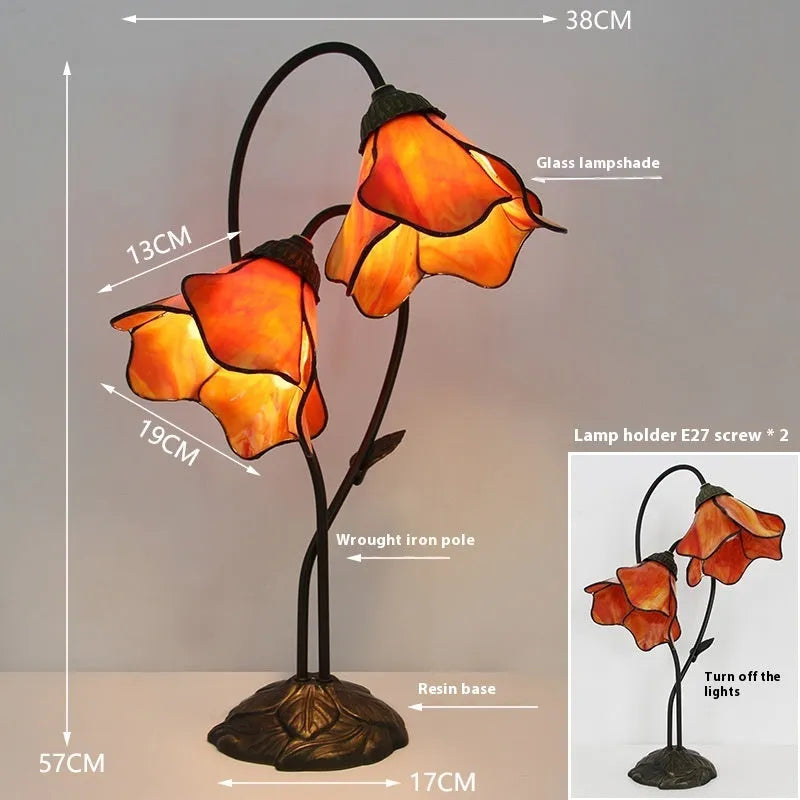 American classical retro style glass table lamp with ornate lotus shade, shown in a beige double head configuration.