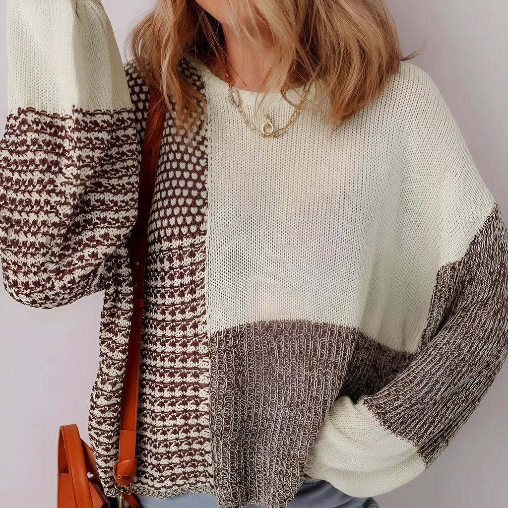 Dark khaki drop shoulder loose sweater with colour block design and a back tie.